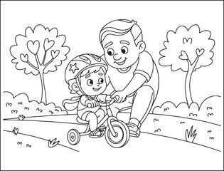Father Helping Child Ride Tricycle Coloring Page