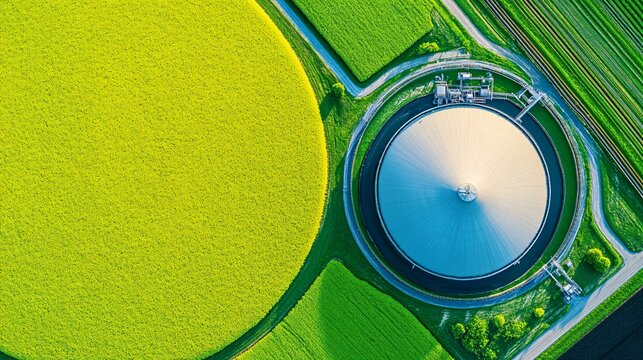 Overhead shot showing a decentralized biogas microplant on a farm, including a single domed reactor, flexible gas hoses, and adjacent greenhouse heated by produced biogas