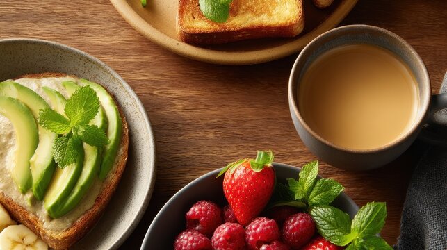 Delicious breakfast spread featuring avocado toast, fresh berries, and coffee on a wooden table