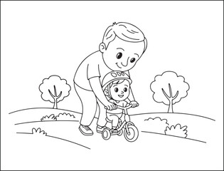 Father Helping Toddler Ride Tricycle in Park Coloring Page