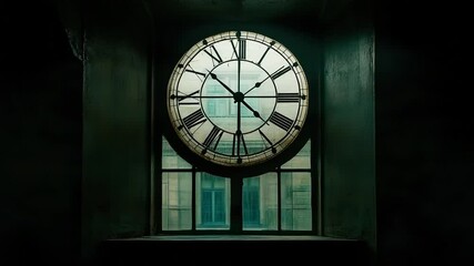 Large vintage clock in a dimly lit room, creating a mysterious atmosphere with shadows