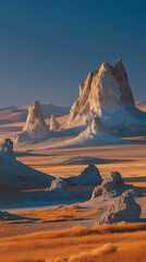 Naklejka premium Mysterious desert plateau with unique rock formations at golden hour