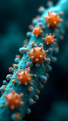 Spore-covered bacteria attacked by geometric viruses, glowing microscopic warfare, HD scientific art.