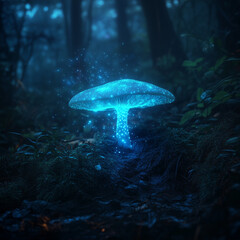 Glowing bioluminescent mushroom in a dark forest, ethereal and magical.