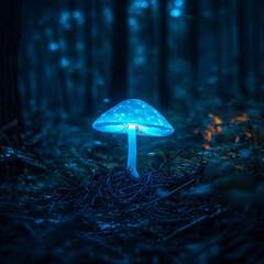 Glowing bioluminescent mushroom in a dark forest, ethereal and magical.