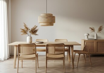 Serene Minimalist Dining Room:  Light Wood Table, Cane Chairs, and Bamboo Pendant Lamp