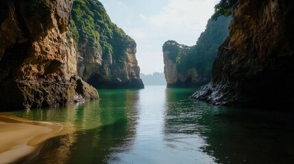 A breathtaking view through a natural cave entrance reveals the tranquil turquoise waters and lush green cliffs of a secluded tropical bay on a sunny day.