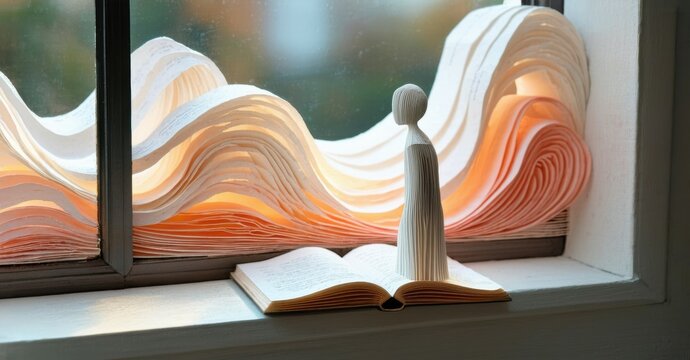 Open book forms ocean waves. Small sculpture stands atop pages, window light illuminates scene. Peaceful, artistic composition.