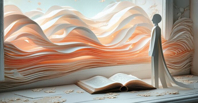Paper waves fill window. Figure gazes upon open book. Delicate scene evokes calm, imaginative world. Soft light, gentle curves.