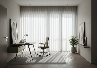 Serene Minimalist Home Office: Desk, Chair, and Natural Light