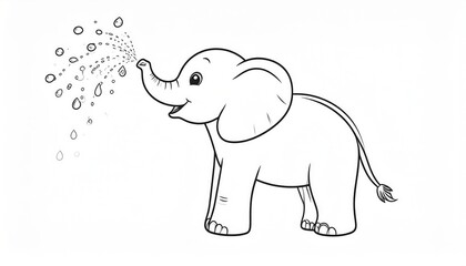 Fototapeta premium Cute outlined elephant calf playfully spraying water.