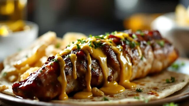  Cinematic shot of a shawarma being drizzled with garlic sauce and wrapped in flatbread and dont add any heand