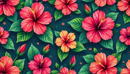 Bold hibiscus blooms & tropical foliage, vibrant seamless repeat , wallpaper, bright
