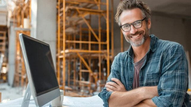 Confident Architect at Construction Site: A portrait of a smiling architect standing confidently at a construction site, with computer.