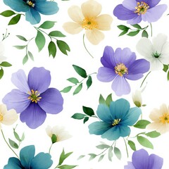 Obraz premium Seamless watercolor floral print with indigo and violet anemones, pale yellow accents and soft green foliage, hand-drawn composition on clean white background, Watercolor, Seamless Pattern.