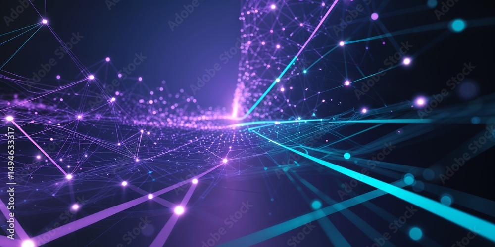 Poster digital visualization of interconnected networks with flowing light patterns in purple and blue tone