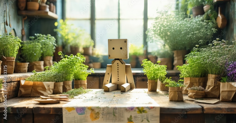 Poster Cardboard robot sits amid lush greenery. Sunlight streams through window illuminating plants, creating serene atmosphere. Wooden table supports display.
