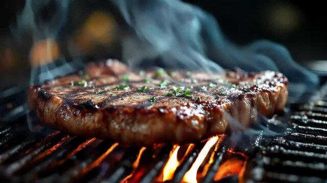 Cinematic shot of a steak sizzling on a hot grill, with juices bubbling and dont add any heand