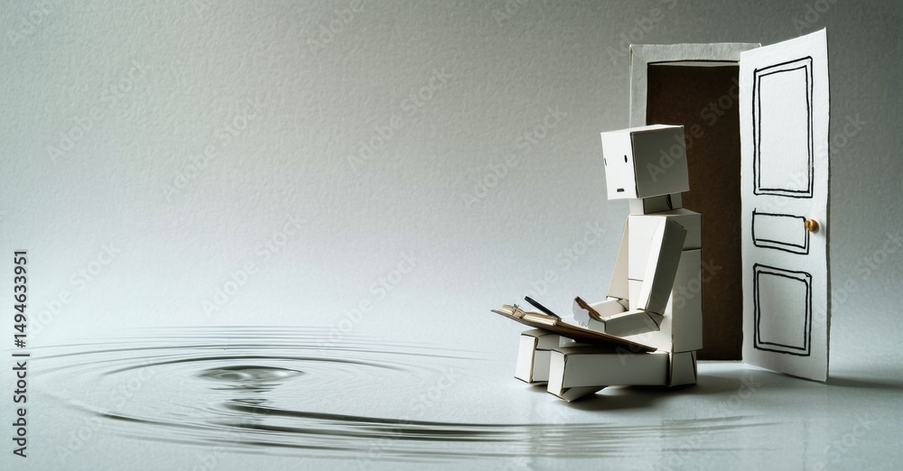 Poster paper robot sits near doorway. water ripples extend toward figure, creating surreal scene. minimalis