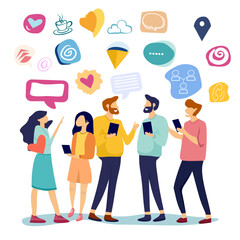 Advertising media concept, online communication of people with talking symbols, people playing with mobile phones, speakers, Wifi symbols and online media in social media. flat cartoon image.