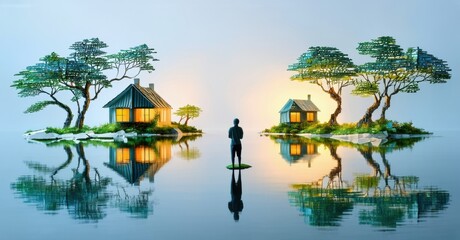 Serene scene. Small islands host cozy homes, trees. Person stands calmly amid water reflections. Peaceful, quiet landscape.