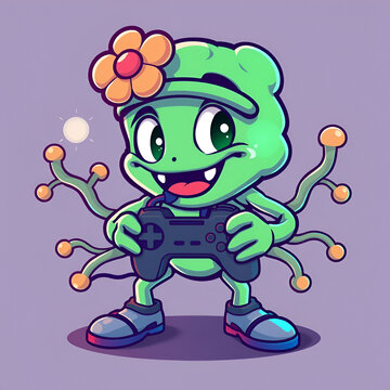Mascot design style of azotobacter vinelandii gamer playing with controller