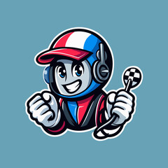 Creative Racing Mascot Logo Design Vector Cartoon Character for Sport Adventure Drift Stunt Raceway Track Competition Speed Fast Bike Car Motorsport Icon Colorful Fun Character Illustration