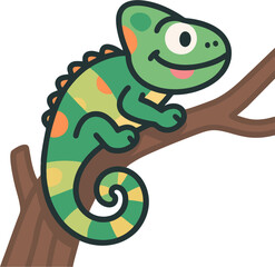 Flat Vector Cute Chameleon Smiling on Tree Branch – Simple Cartoon Reptile Character Illustration
