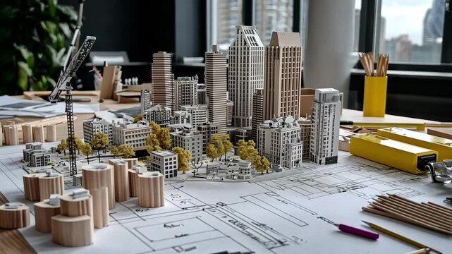 Architectural Model Cityscape: Detailed architectural model of a modern city with high-rise buildings, parks, and infrastructure, displayed on blueprints.
