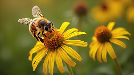 A bee collecting nectar from a yellow flower