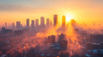 Obraz premium Golden hour skyline with warm light bouncing off glass towers, minimal haze and high clarity Modern Architecture and Urban Geometry Cityscape at Different Times (Day, Sunset, Night)