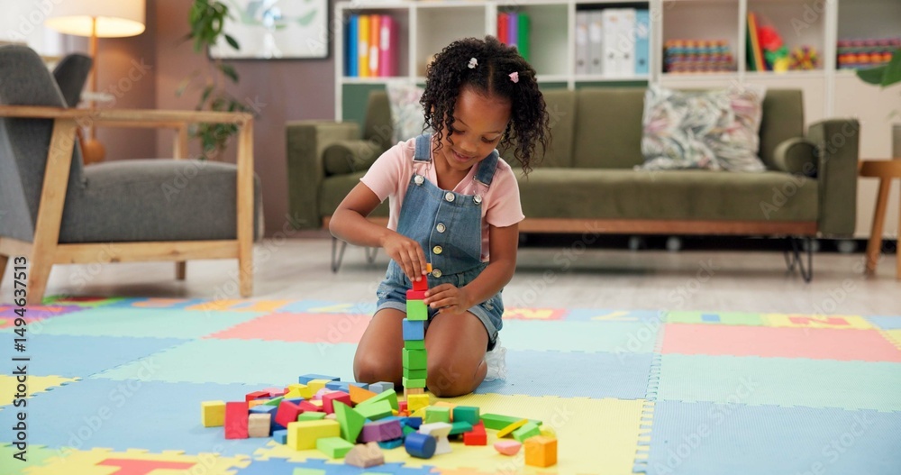 Poster child, block and building with toys for fun activity or playing on floor at elementary school. black