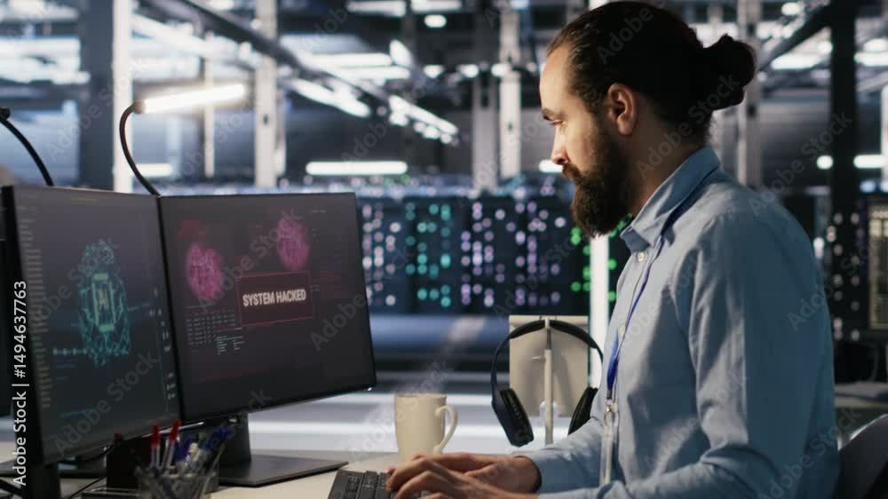 Poster server farm worker trying to fix hacked equipment systems and protect equipment. data center enginee