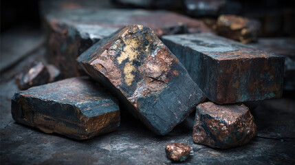 Raw cobalt ore chunks with metallic textures on dark industrial surface, mineral resources and mining industry concept for geology, metallurgy or heavy industry.
