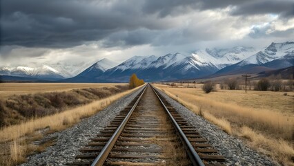 Fototapeta premium Railway Track Through Meadow with Snowy Mountains Background