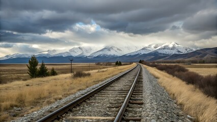 Fototapeta premium Railway Track Through Meadow with Snowy Mountains Background