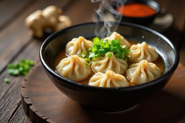 Steaming bowl of dumplings, chopsticks, ginger, scallions, appetizer, fresh, composition