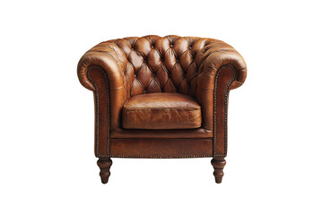 Chesterfield-style leather club chair with button tufting and curved arms, isolated on a transparent background