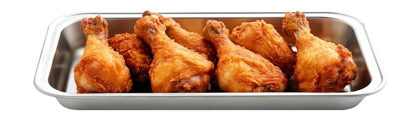 Fried chicken drumsticks in a metal tray on a white isolate background.