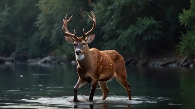 Majestic deer in tranquil forest stream