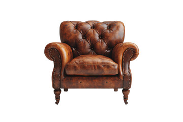 Classic brown leather armchair with tufted back and rolled arms, isolated on a transparent background
