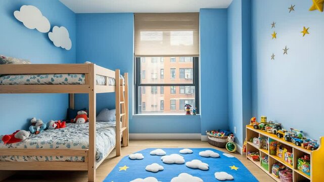 Cheerful kids room with sky blue walls, cloud-shaped pillows, star-patterned rug, wooden bunk bed and toy shelf near sunny window