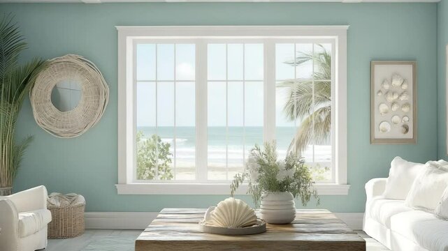 Coastal chic living room with driftwood coffee table, seafoam blue walls, whitewashed ceiling beams, and shell-inspired decor by a bay window