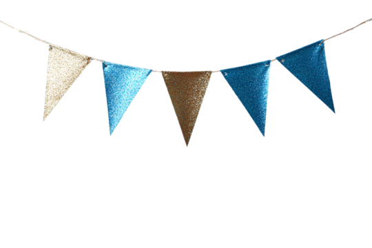 Festive bunting with alternating gold, blue, and brown glittering triangular flags, isolated on a transparent background