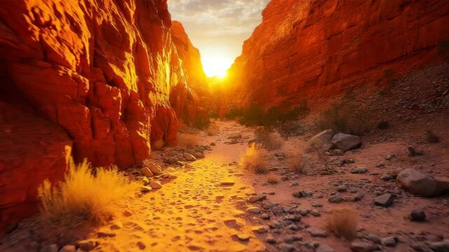 Crimson canyon with glowing rock walls and winding sandy path, scattered desert shrubs and golden hour light casting long shadows across the terrain
