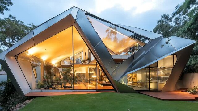 Deconstructivist home with chaotic forms, overlapping metal panels, open voids, and angled skylights