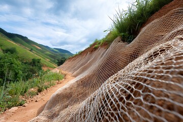 Brown Earth and White Netting Erosion Control on a Hillside