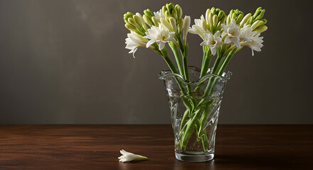 Tuberose Bouquet Arranged in a Decorative Glass Vase on a Wooden