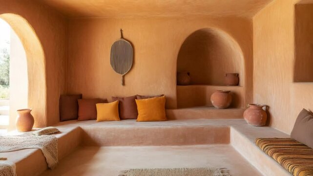 Desert retreat lounge with adobe walls, terracotta tiles, arched niches, clay pots, woven throws, and low wooden bench seating