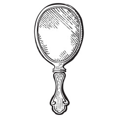 Vintage hand mirror vector sticker, black and white vector illustration